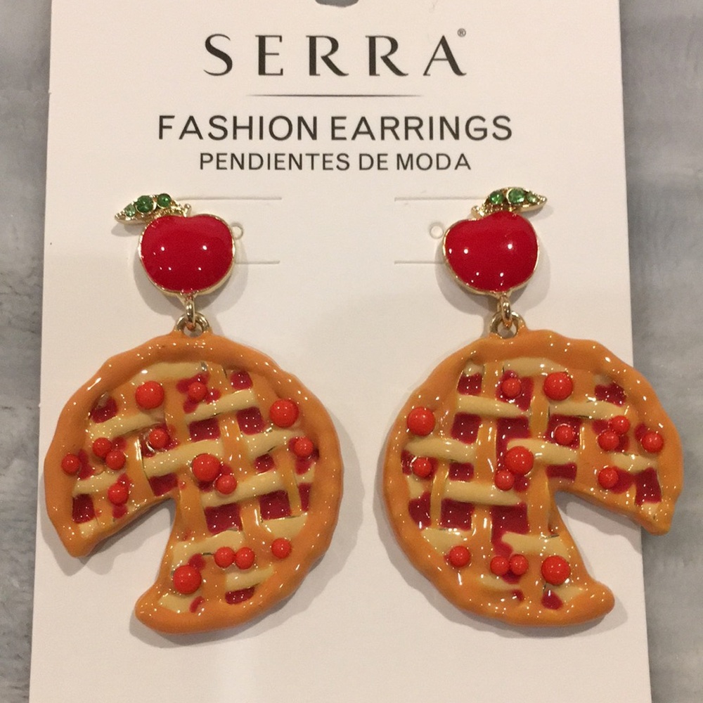 Apple Cherry Pie Fashion Pierced Earrings NWT nickel free 2”x1.25” metal crystal